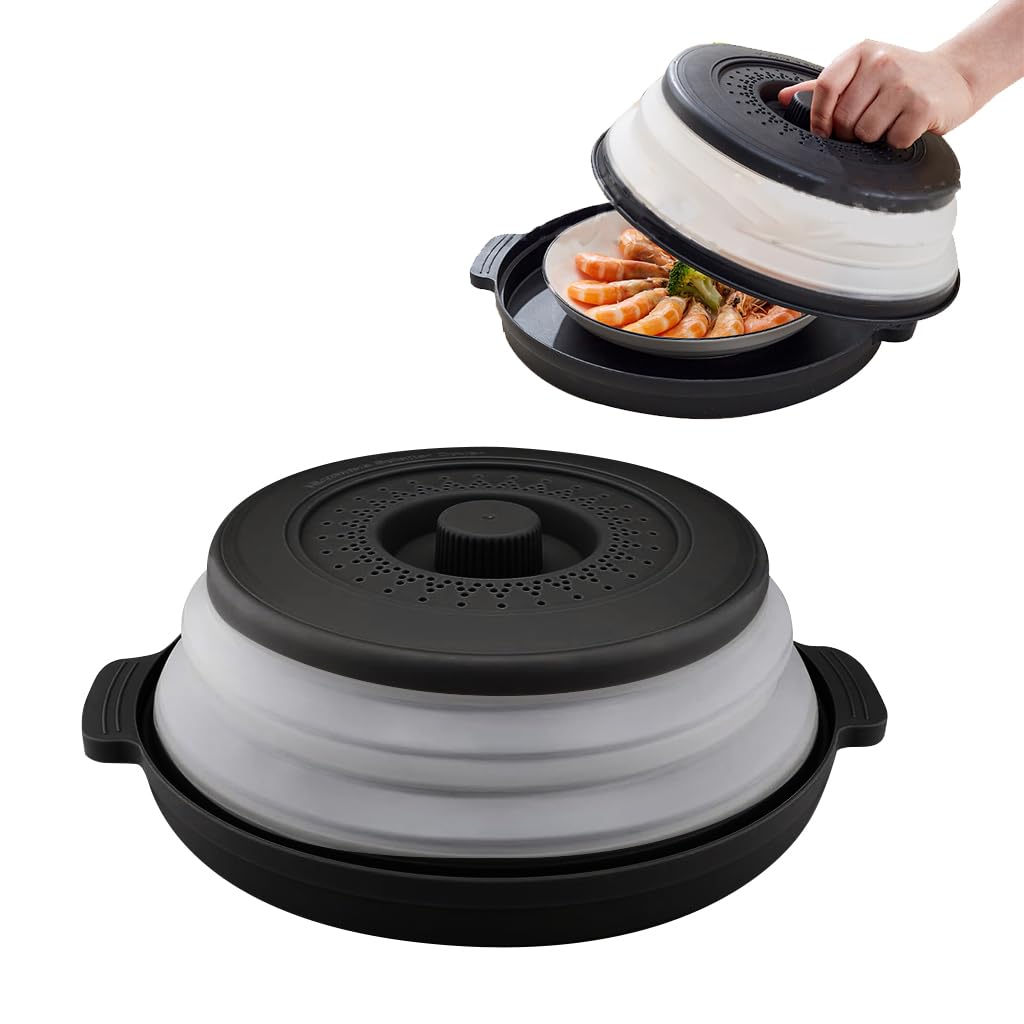 HASTHIP 10.6 inch Microwave Plate Cover, Collapsible Food Plate Lid with Top Steam Vent and Gripper, Strainer for Fruit, Microwave Lid Food Splatter Cover, BPA Free, Microwave Safe Material (Black) HASTHIP 10.6 inch Microwave Plate Cover, Collapsible Food Plate Lid with Top Steam Vent and Gripper, Strainer for Fruit, Microwave Lid Food Splatter Cover, BPA Free, Microwave Safe Material (Black)